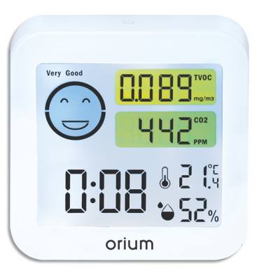 ORIUM Capteur CO2 et COV. Affichage de l'heure, la température et du taux d'humidité