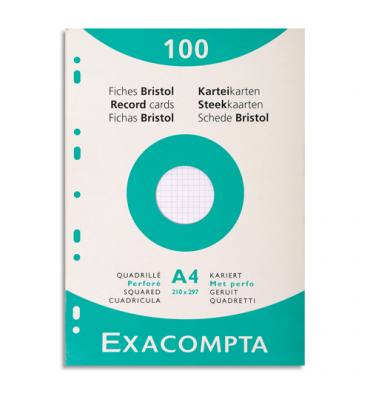 EXACOMPTA Etui de 100 fiches bristol perforées 210x297mm (A4) quadrillées 5x5 Blanc