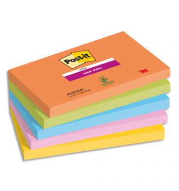 POST-IT Notes Super Sticky Boost 76x127mm. Lot de 5 blocs de 90 F. Ass : orange/vert/bleu/rose/jaune.