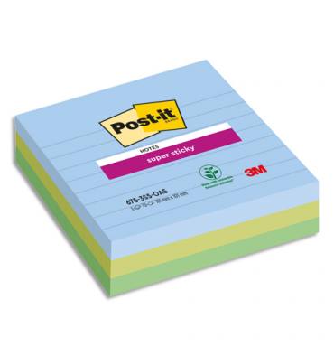 POST-IT Notes Super Sticky Grand Format Lignées Oasis. 101 x 101 mm. 3 blocs, 70 F. Ass : bleu et vert.