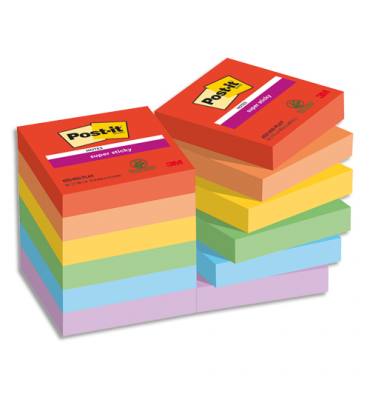 POST-IT Notes Super Sticky Playful 47.6x47.6 mm. 12 blocs, 90F. Ass : rouge/orange/jaune/vert/bleu/vio.