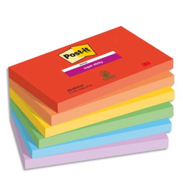 POST-IT Notes Super Sticky Playful 76 x 127 mm. 6 blocs, 90F. Ass : rouge/orange/jaune/vert/bleu/violet.