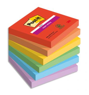 POST-IT Notes Super Sticky Playful 76x76 mm. 6 blocs, 90F. Ass : rouge/orange/jaune/vert/bleu/violet.
