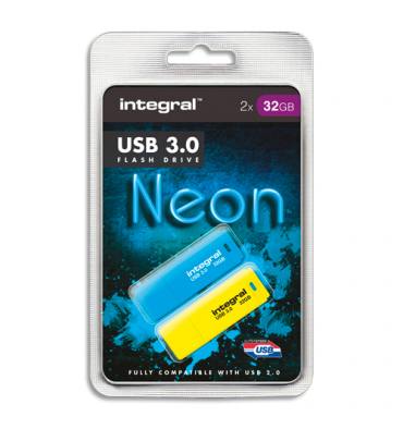INTEGRAL Pack de 2 clés USB 3.0 32Go Bleu/Jaune INFD32GBNEON3.0BLYL