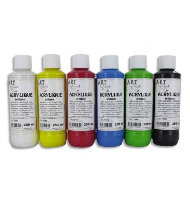 ART PLUS Coffret de 6 x 250 ml acrylique brillante blanc, jaune, rouge, bleu, vert, noir