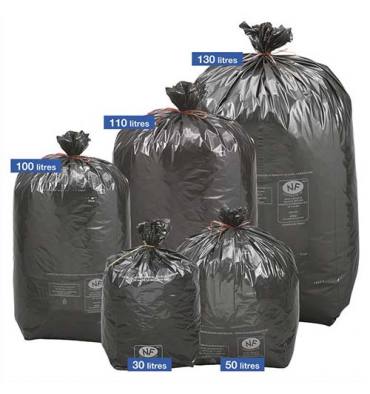 DIRECT FOURNITURES Boîte de 200 sacs poubelles traditionnels 130 litres renforcés Noir 82x120cm 34 microns NFE