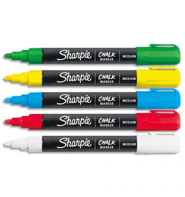 SHARPIE Blister de 5 marqueurs SHARPIE Chalk White, pointe ogive moyenne. Coloris assortis