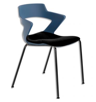 DIRECT FOURNITURES Lot de 3 chaises Ysa polyvalentes coque en polypropylène bleu, assises en tissu noir, 4 pieds métal noir