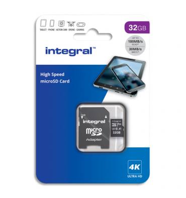 INTEGRAL Carte Micro SDHC+adaptateur 32Go V30 U3 A1 Class 10 UHS-I 100MB/s