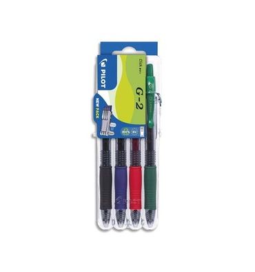 PILOT Chevalet évolutif de 4 stylos encre gel G-2. Pointe moyenne. Noir, Bleu, Rouge, Vert