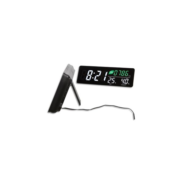 ALBA Horloge LED murale ou posée. Capteur CO2, température humidité Dim L 37,5 x l 13,5 x Ep 3,8 cm Noire