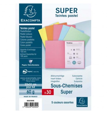EXACOMPTA Paquet de 30 sous-chemises SUPER 60 en carte 60 g, coloris assortis pastels