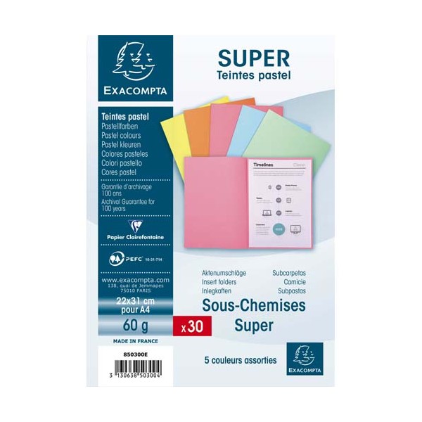 EXACOMPTA Paquet de 30 sous-chemises SUPER 60 en carte 60 g, coloris assortis pastels
