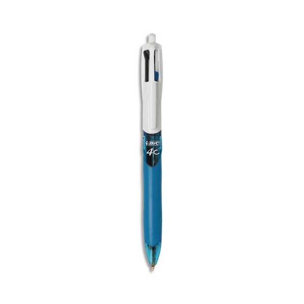 BIC Stylo à bille 4 couleurs pointe moyenne rétractable et rechargeable avec grip, corps bleu