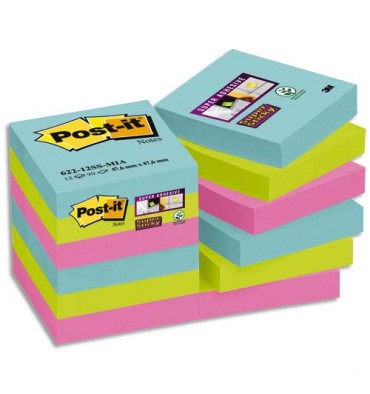 POST-IT Lot de 12 blocs notes Super Sticky Collection MIAMI 47,6 x 47,6 mm, 90 feuilles