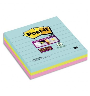 POST IT Lot de 3 blocs notes Super Sticky Post-it® Grands Formats lignées MIAMI 10,1 x 10,1 cm, 70 feuilles