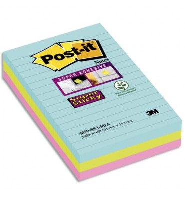 POST-IT Lot de 6 blocs notes Super Sticky Post-it® Grands Formats lignées MIAMI 10,2 x 15,2 cm, 90 feuilles