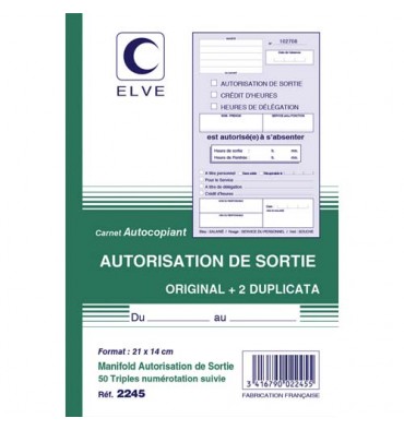 ELVE Manifold autocopiant Autorisation de Sortie format 21 x 14 cm, 50 feuillets tripli
