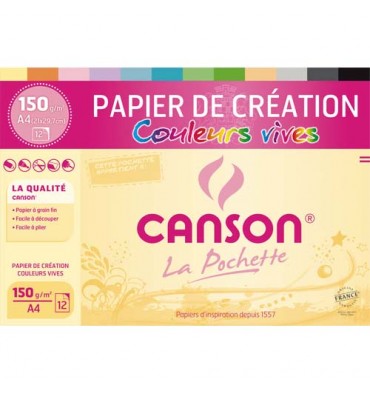 CANSON Pochette 12 feuilles papier CREATION 150g 21 x 29,7 cm. Assortiment de couleurs vives