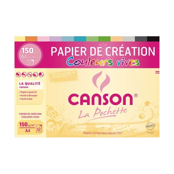CANSON Pochette 12 feuilles papier CREATION 150g 21 x 29,7 cm. Assortiment de couleurs vives