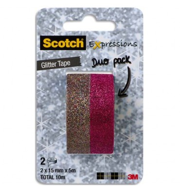 SCOTCH Blister de Glitter Tape de 2 Rubans Expression (Masking Tape) pailleté rose & multicolore 15 mm x 5 m