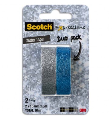 SCOTCH Blister de Glitter Tape de 2 Rubans Expression (Masking Tape) pailleté argent & bleu turquoise 15 mm x 5 m