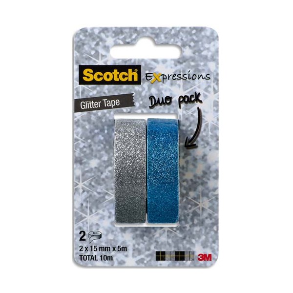 SCOTCH Blister de Glitter Tape de 2 Rubans Expression (Masking Tape) pailleté argent & bleu turquoise 15 mm x 5 m