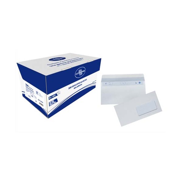 BONG Boîte de 200 enveloppes auto-adhésives DL 110 x 220 mm fenêtre 45 x 100 mm blanc 80g