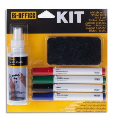 BI-OFFICE Kit marqueur avec feutres, brosse magnétique et spray nettoyant