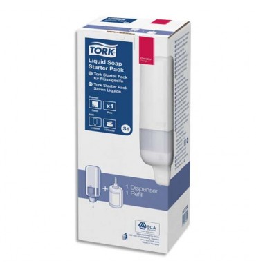 TORK Pack S1 Starter Distributeur de savon + recharge d'1 litre de savon liquide doux parfumé