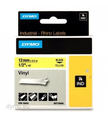 DYMO Ruban RHINO Vinyle flexible et résistant Noir / Jaune 12 mm x 5,5 m - 18432