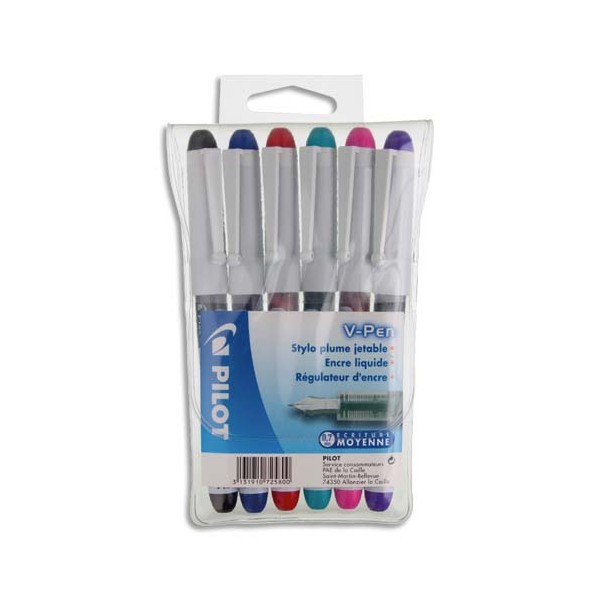 PILOT Pochette de 6 stylos à plume jetables 6 couleurs d'encre V-PEN