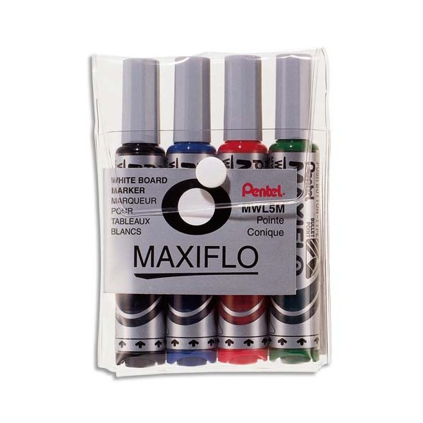 PENTEL Pochette de 4 marqueurs effaçables à sec tableaux blancs pointe ogive large encre liquide MAXIFLO