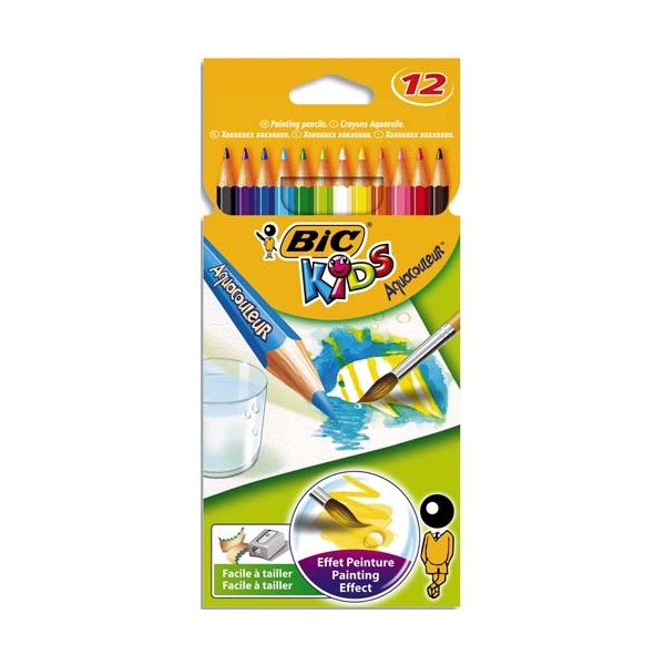 BIC KIDS Pochette 12 crayons de couleur aquarellable AQUACOULEUR. Corps 17,5 cm. Coloris assortis