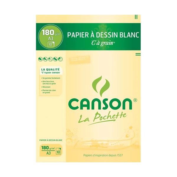 CANSON Pochette de 10 feuilles de papier dessin C à grain 180g A3
