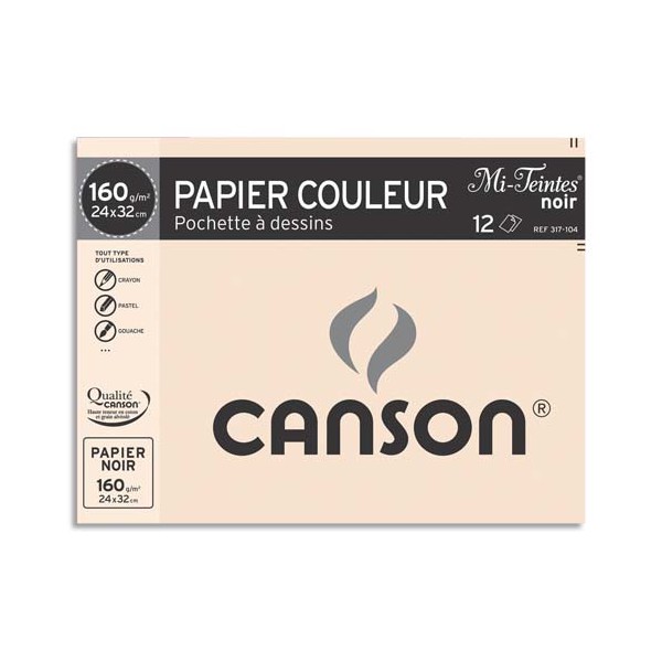 CANSON Pochette de 12 feuilles papier dessin MI-TEINTES 160g 24 x 32 cm noir
