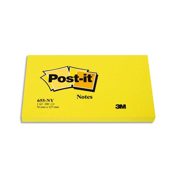 POST-IT Bloc néon repositionnable de 100 feuilles 7,6 x 12,7 cm jaune