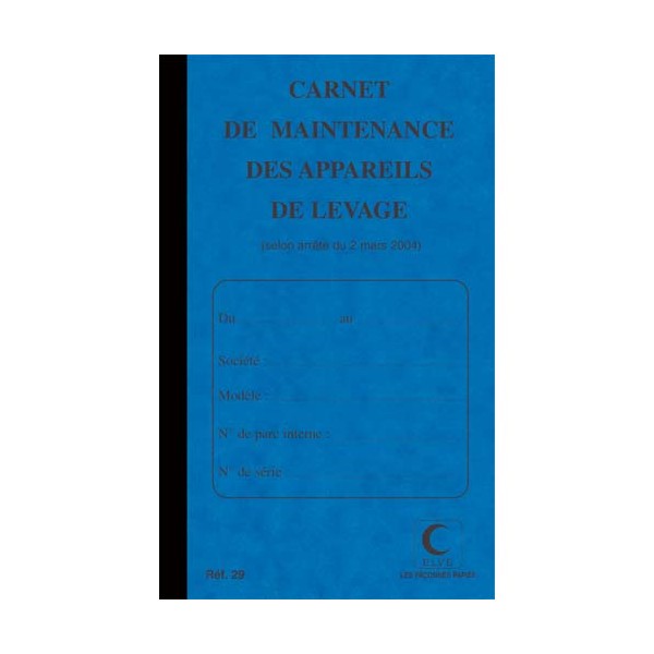 ELVE Piqûre 32 pages carnet maintenance pour appareil de levage folioté de 1 à 15. Format 21 x 13 cm