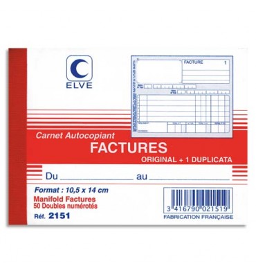 ELVE Manifold autocopiant facture format 10,5 x 14 cm, 50 feuillets dupli
