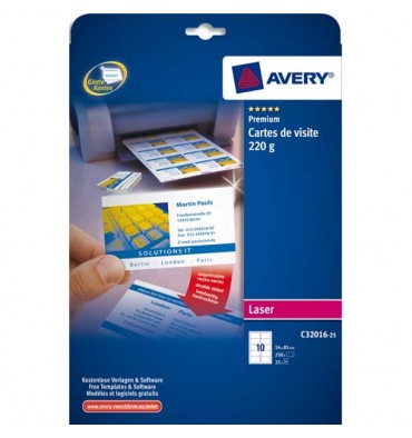 AVERY Pochette de 250 cartes de visite (8,5 x 5,4 cm) 220g Quick & Clean laser couleur et monochrome