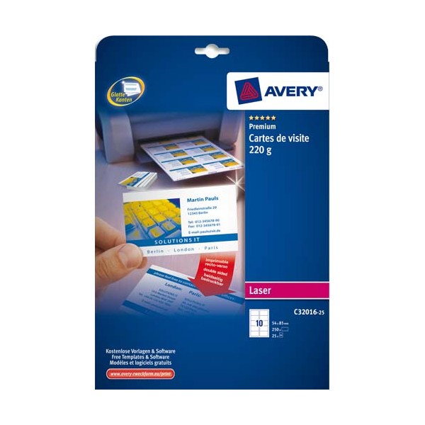 AVERY Pochette de 250 cartes de visite (8,5 x 5,4 cm) 220g Quick & Clean laser couleur et monochrome