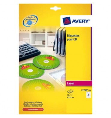 AVERY Boîte de 50 étiquettes laser couleur pour CD et DVD L7760-25