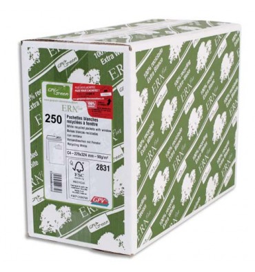 GPV Boîte de 250 pochettes recyclées extra blanches Erapure C4 229 x 324 mm fenêtre 50 x 100 mm - 90g 