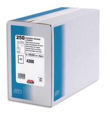 GPV Boîte de 250 pochettes auto-adhésives velin blanc 90g format 229 x 324 mm C4 fenêtre 50 x 110 mm