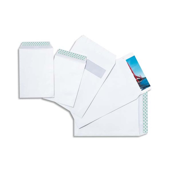 PERGAMY Boîte de 250 pochettes vélin blanc 90g C4 229 x 324 mm fenêtre 50 x 100 mm auto-adhésives